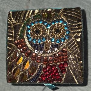 Pier 1 Teal, Gold & Red Beaded Owl Jewelry Box